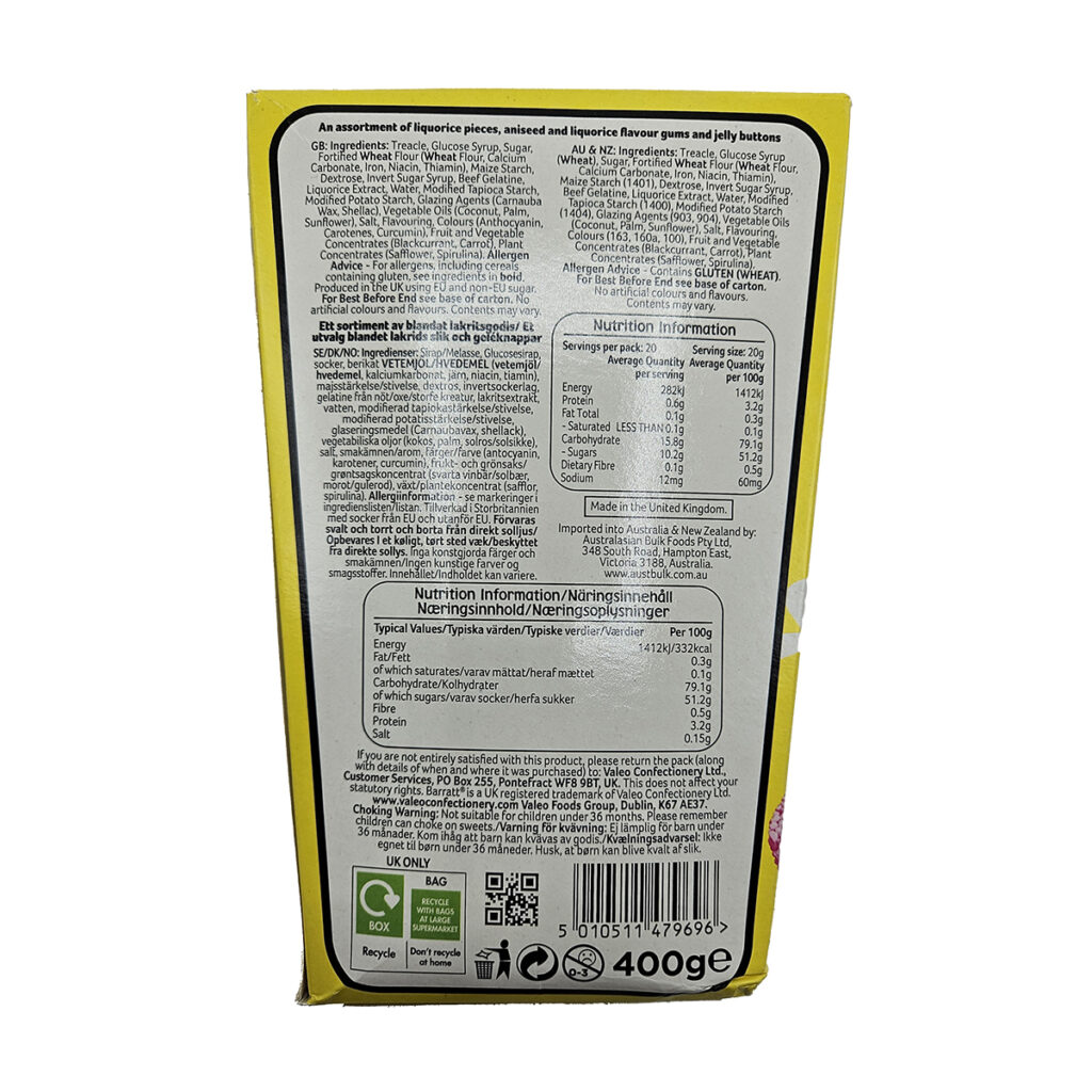 UK Barratt Liquorice Novelties Carton 400g Candi Werx